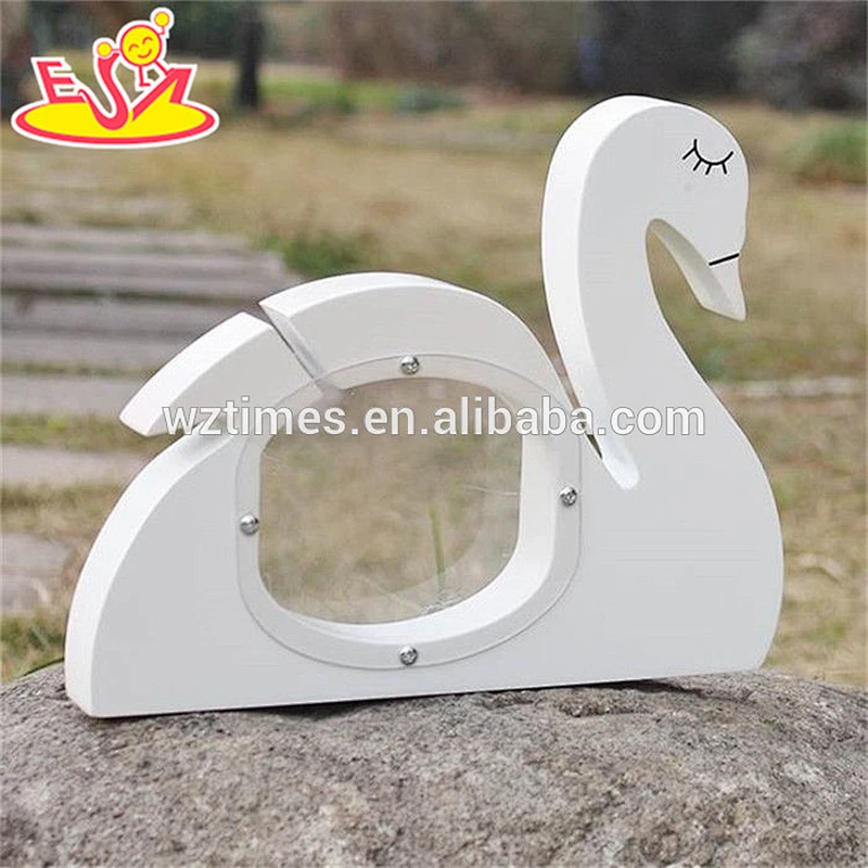 wholesale white swan design wooden small money box for kids W02A256