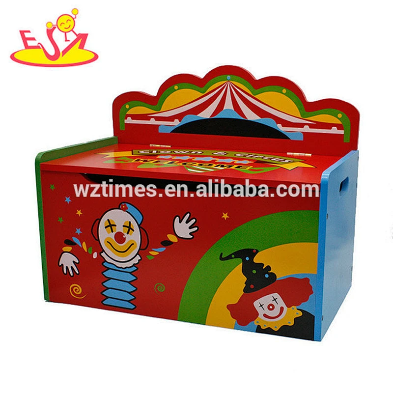 Wholesale colorful clown pattern multi-function wooden storage box bench for toddlers W08C009