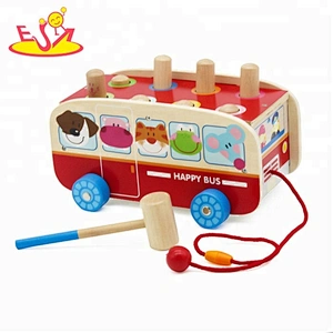 New hottest baby educational pounding games wooden toddler toys in bus shape W05C089
