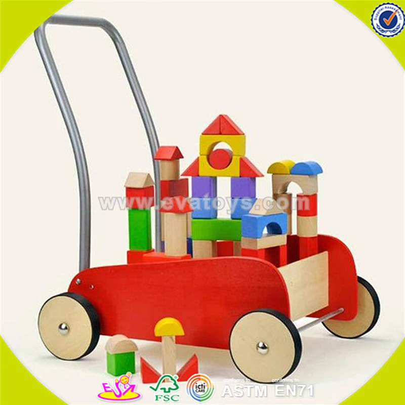 Wholesale top quality children wooden building blocks cart toy colorful wooden baby building blocks cart push walker W16E028A
