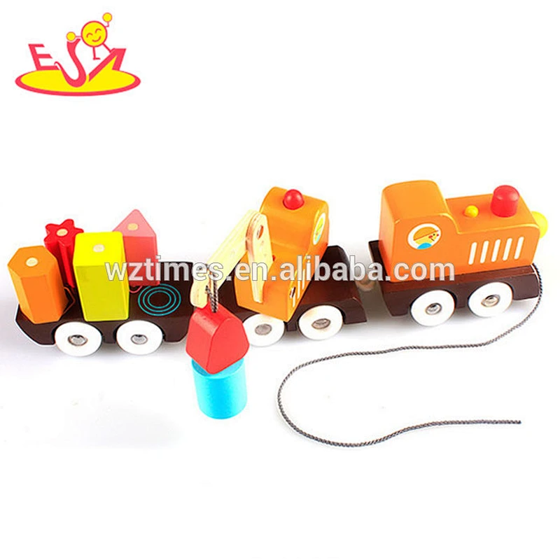 Wholesale high quality wooden diy pull building blocks train toy bring fun for kids W05C039