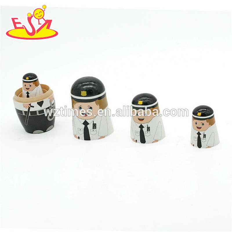 Wholesale best birthday gift for kids policemen design wooden toy 5 pcs nesting doll W06D093