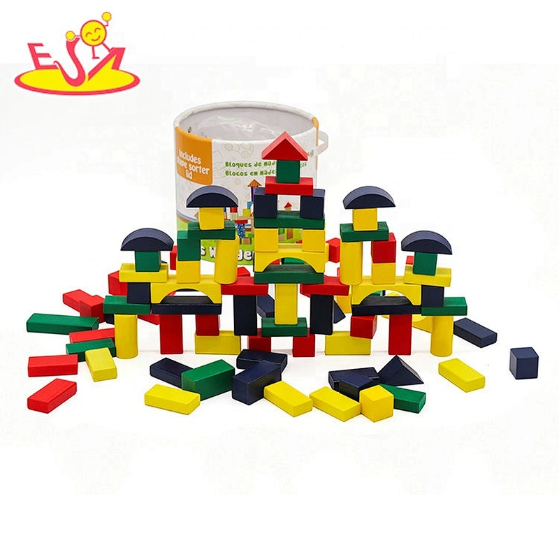 Non-Toxic 50 pcs kids educational wooden building blocks with carrying container W13B041