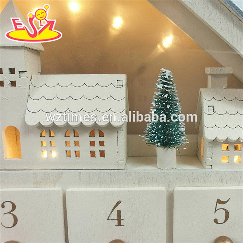 Wholesale pretty house shape wooden white LED christmas calendar for home decoration W09F015