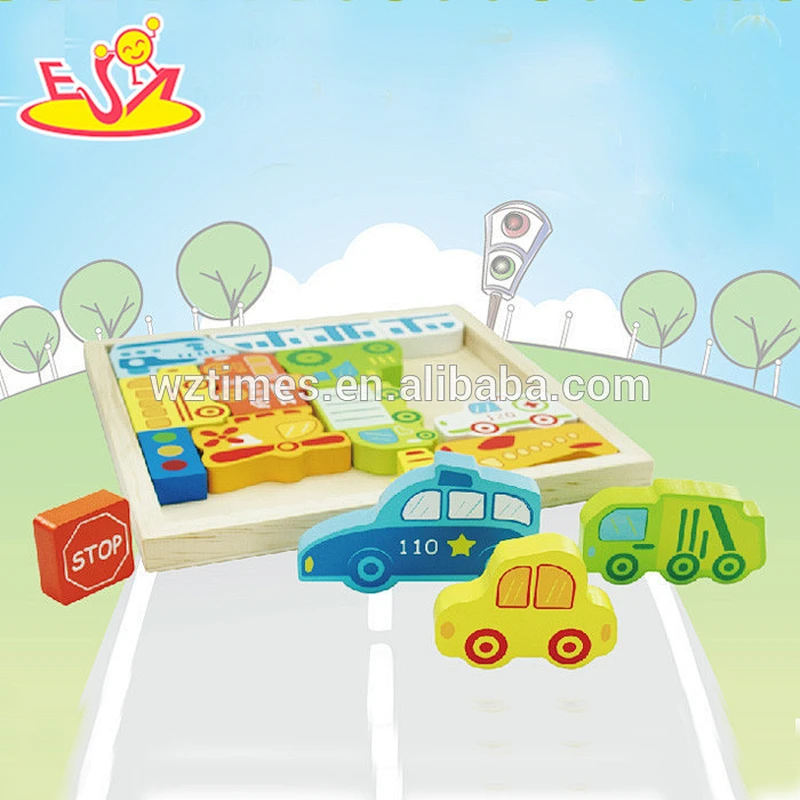 Wholesale best gift for baby wooden multi shape mini car puzzle toy bring fun W14N001