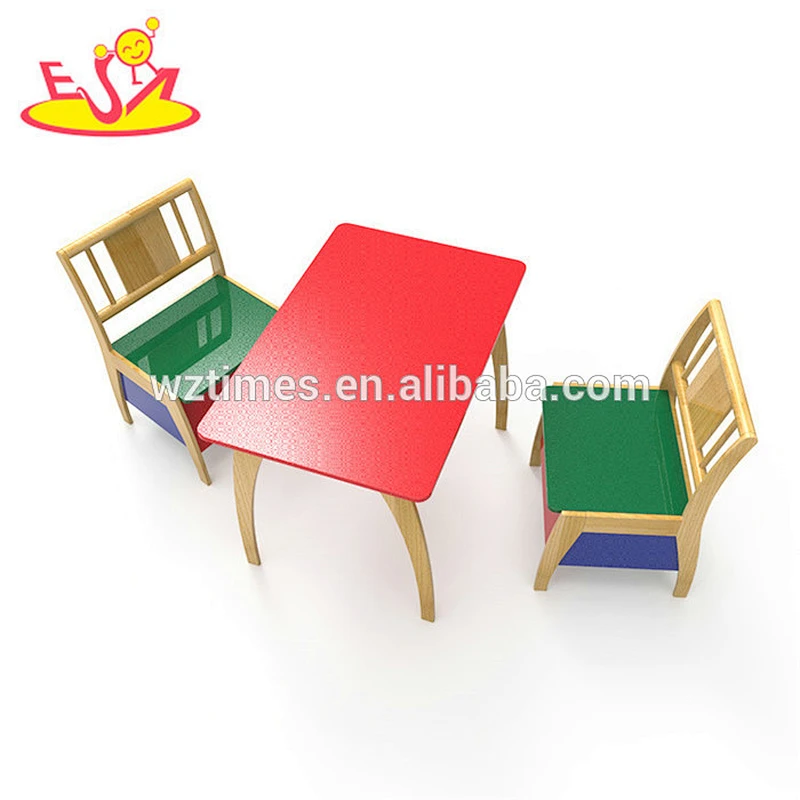 New hottest colored 1 table 2 chair set wooden kids study table and chair with storage function W08G237