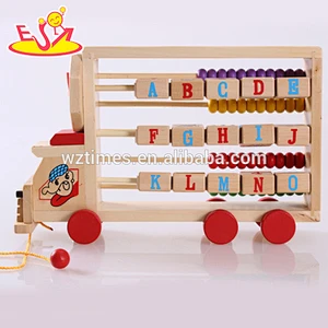 Wholesale early learning wooden abacus alphabet truck toy with clock for baby W12C008