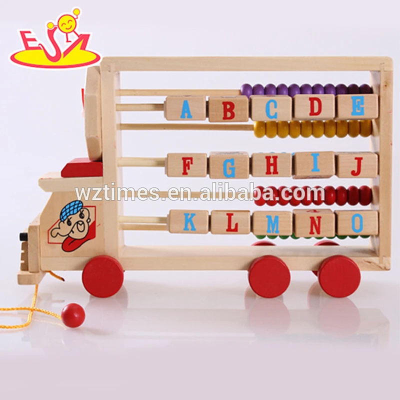 Wholesale early learning wooden abacus alphabet truck toy with clock for baby W12C008