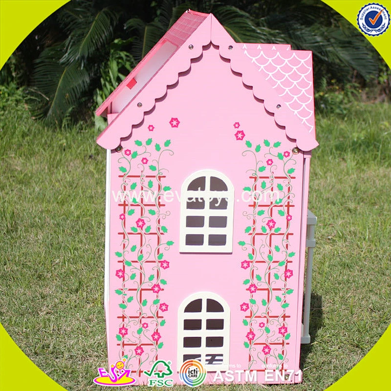 Best design pink house toys wooden dollhouse high quality pink house toys wooden dollhouse for girls W06A020