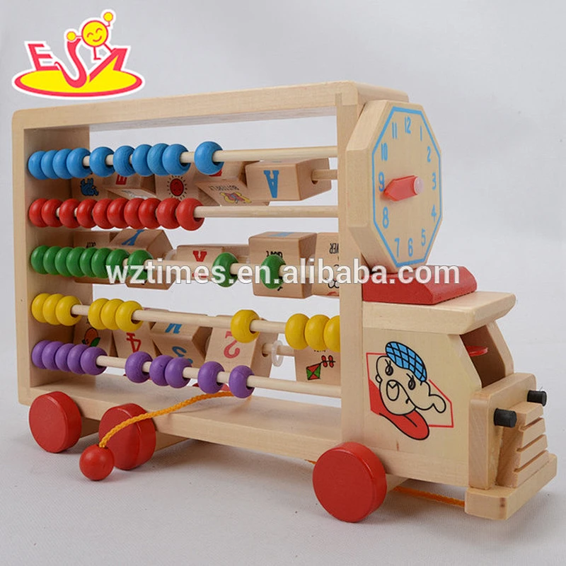 Wholesale early learning wooden abacus alphabet truck toy with clock for baby W12C008