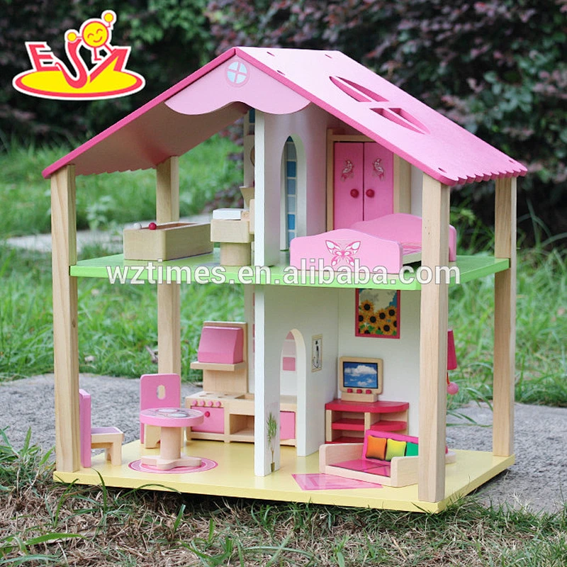 Großhandel 2 Etagen Mädchen Holz Puppenhaus Kits beste Design Kinder Holz Puppenhaus Kits W06A165-S