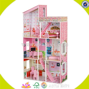 Wholesale fashion new large wooden dollhouse toy colorful kids wooden dollhouse high quality play wooden dollhouse W06A050