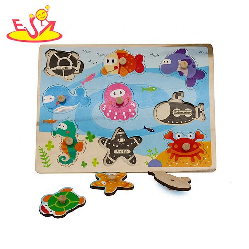 2019 New arrival baby wooden ocean jigsaw puzzles with knob W14M156
