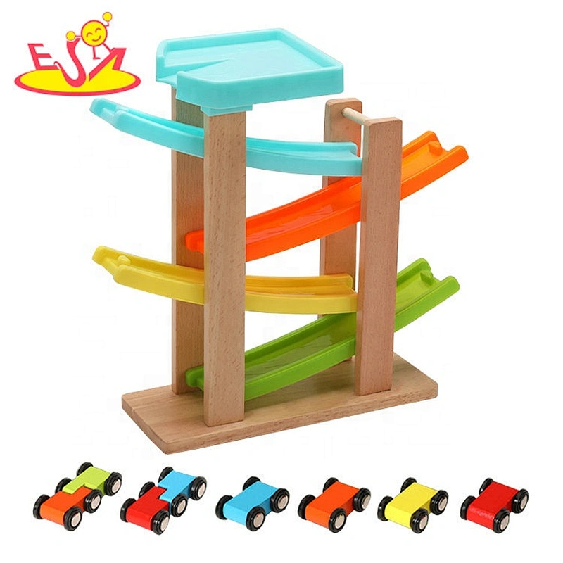 High speed mini children wooden car ramp toy with 6 cars W04E098