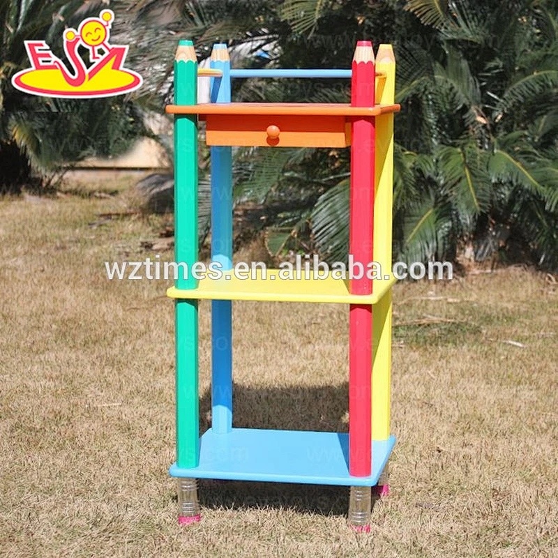 Wholesale top quality pencil style baby wooden 3 layer shelf with a drawer W08C059