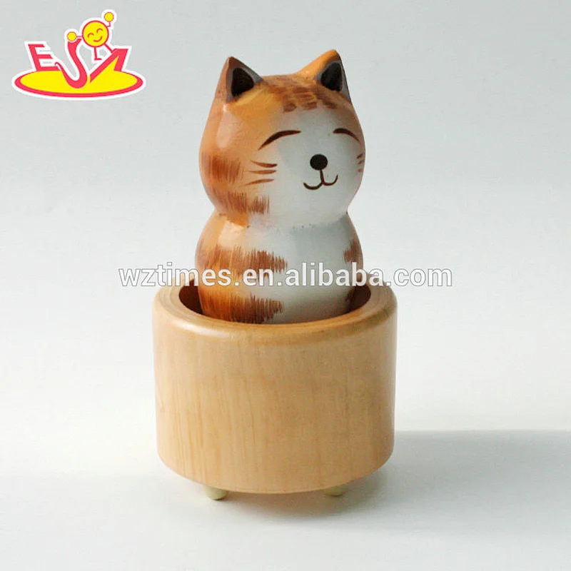 Wholesale promotional cute table top wooden cat music box as gift for kids W07B059