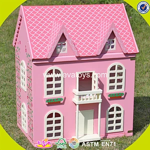 Best design pink house toys wooden dollhouse high quality pink house toys wooden dollhouse for girls W06A020