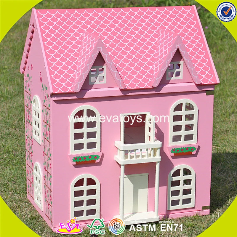 Best design pink house toys wooden dollhouse high quality pink house toys wooden dollhouse for girls W06A020