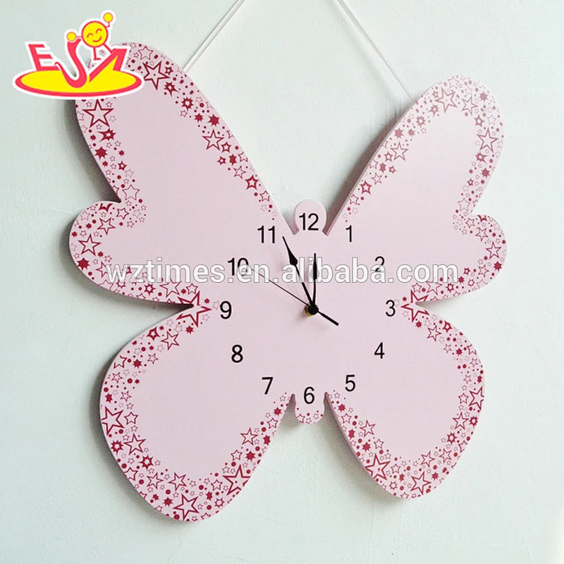 2018 wholesale pink butterfly wooden kids wall clock best design kids wall clock new wooden kids wall clock W09D019