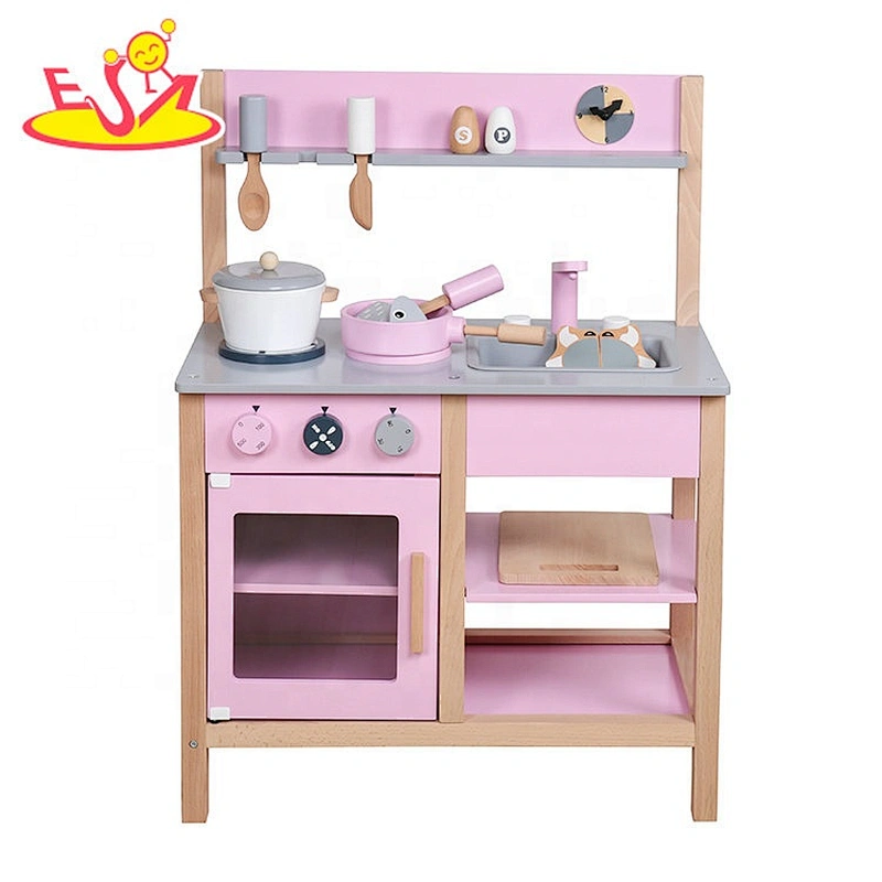 2019 New design girs wooden pink toy kitchen for pretend play W10C457C