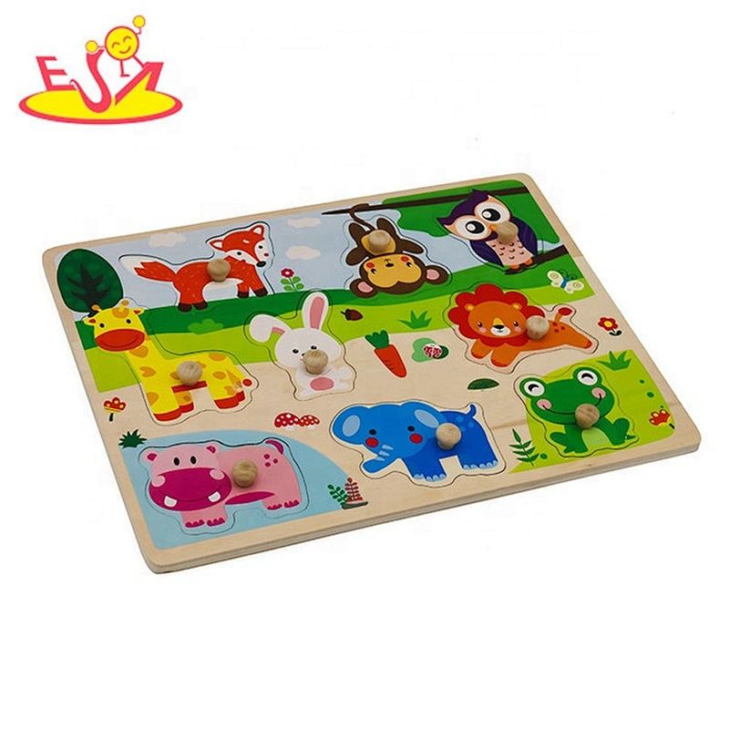 2019 New design kids cartoon wooden animal puzzle with knob W14M153