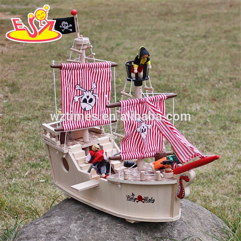 2018 wholesale baby wooden toy pirate ship new design kids wooden toy pirate ship best natural wooden toy pirate ship W03B061