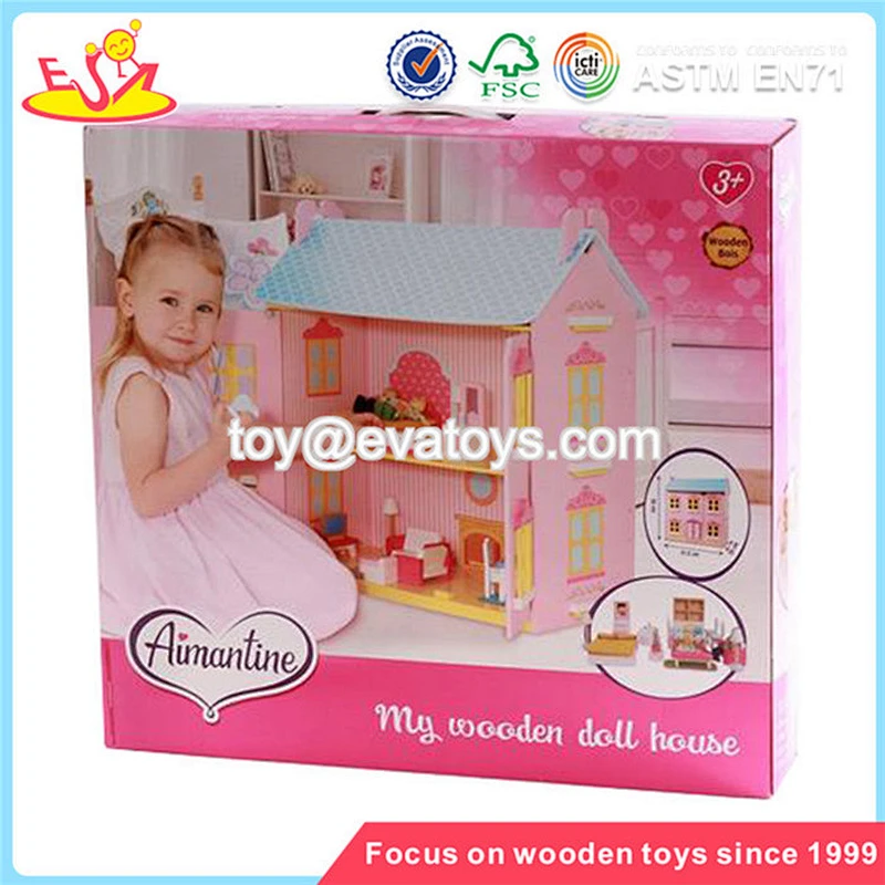 wholesale pink delicate kids wooden dollhouse beautiful children wooden chic dollhouse for sale W06A029