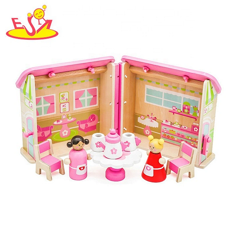 2018 Wholesale girls pink wooden toy doll house lovely children wooden toy doll house for pretend W06A171