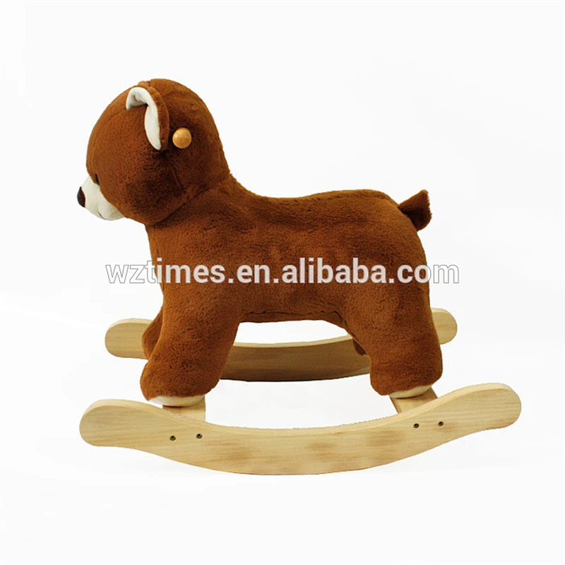Wholesale cute indoor play toy wooden bear design plush rocking horse for baby W16D111