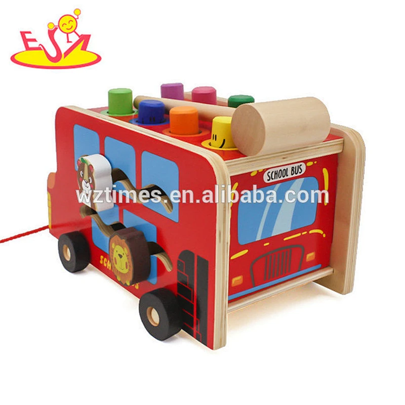 Wholesale top quality wooden colorful pounding toy pull cart toy for baby W05C088