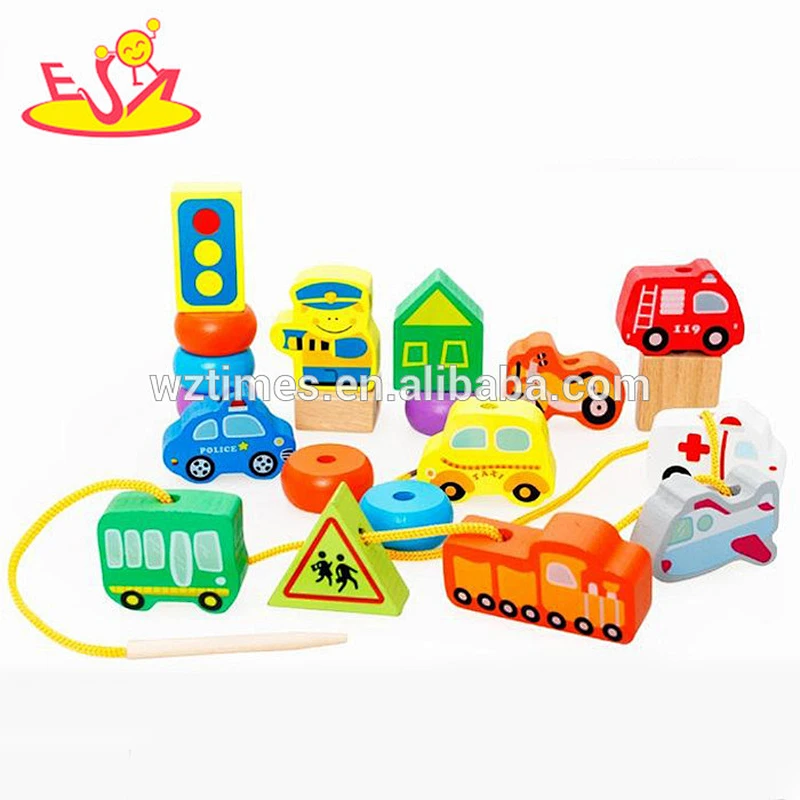 Holzblockspielzeugauto des Großhandelsmode-Babys für das Einfädeln W11E048