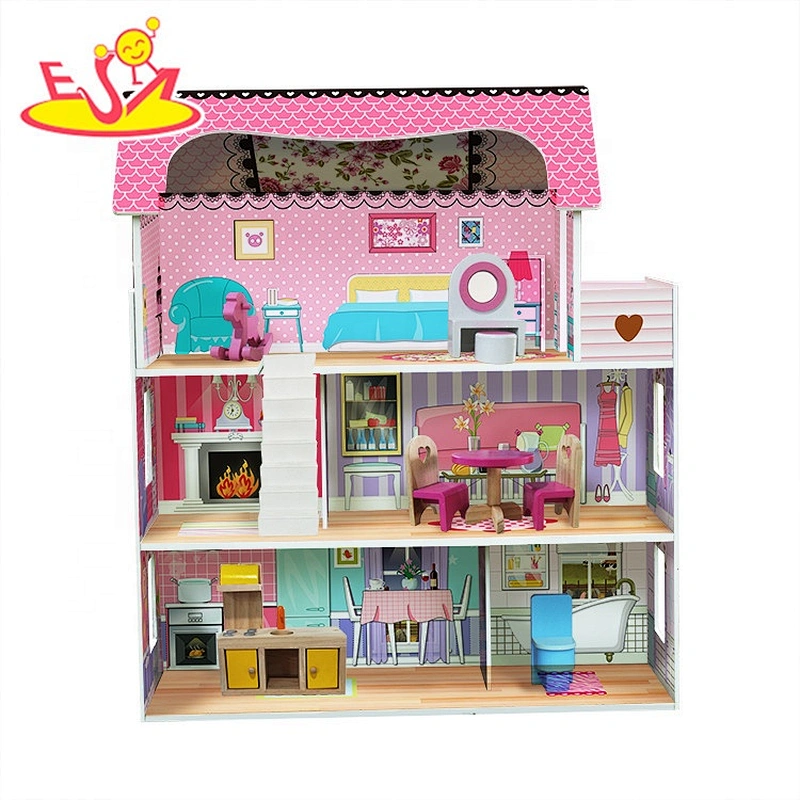 Best design pink wooden miniature dollhouse with 3 tiers W06A380B