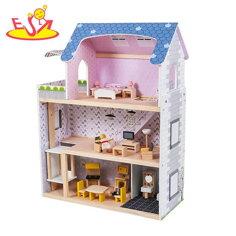2019 New design girls furniture toy wooden doll house with sounds W06A365B
