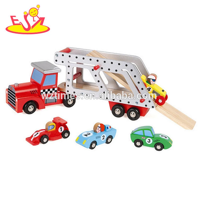 2017 wholesale kids wooden toy car transporter new design children wooden toy car transporter with 4 small cars W04A339