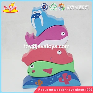 Wholesale cute wooden stacking fish blocks toy funny wooden stacking marine fish blocks toy W13D058