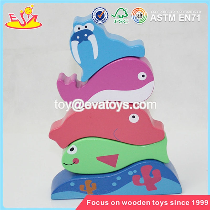 Wholesale cute wooden stacking fish blocks toy funny wooden stacking marine fish blocks toy W13D058