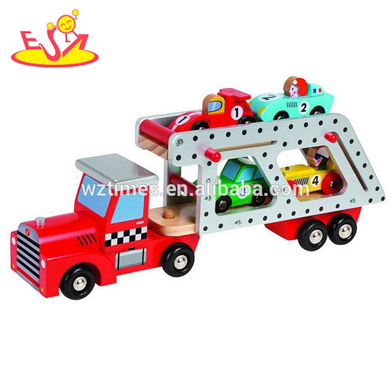 2017 wholesale kids wooden toy car transporter new design children wooden toy car transporter with 4 small cars W04A339