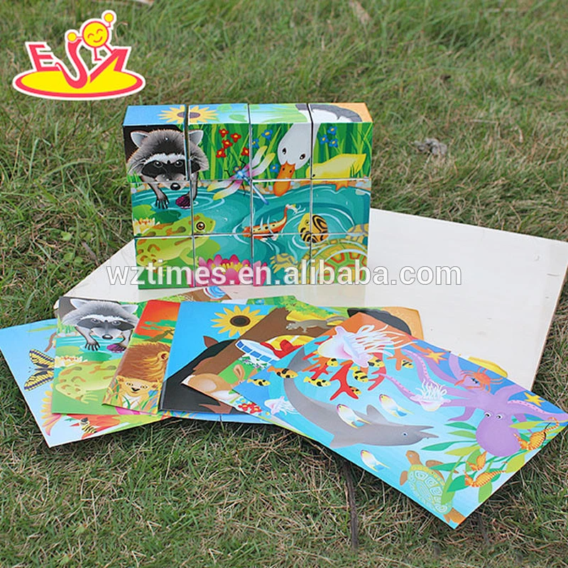 Wholesale interesting wooden cartoon pattern cube jigsaw puzzle toy for kids W14F045