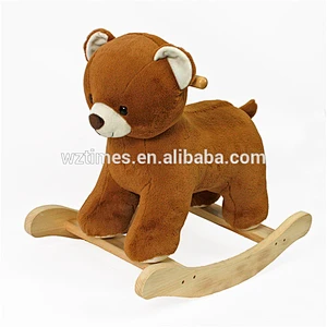 Wholesale cute indoor play toy wooden bear design plush rocking horse for baby W16D111