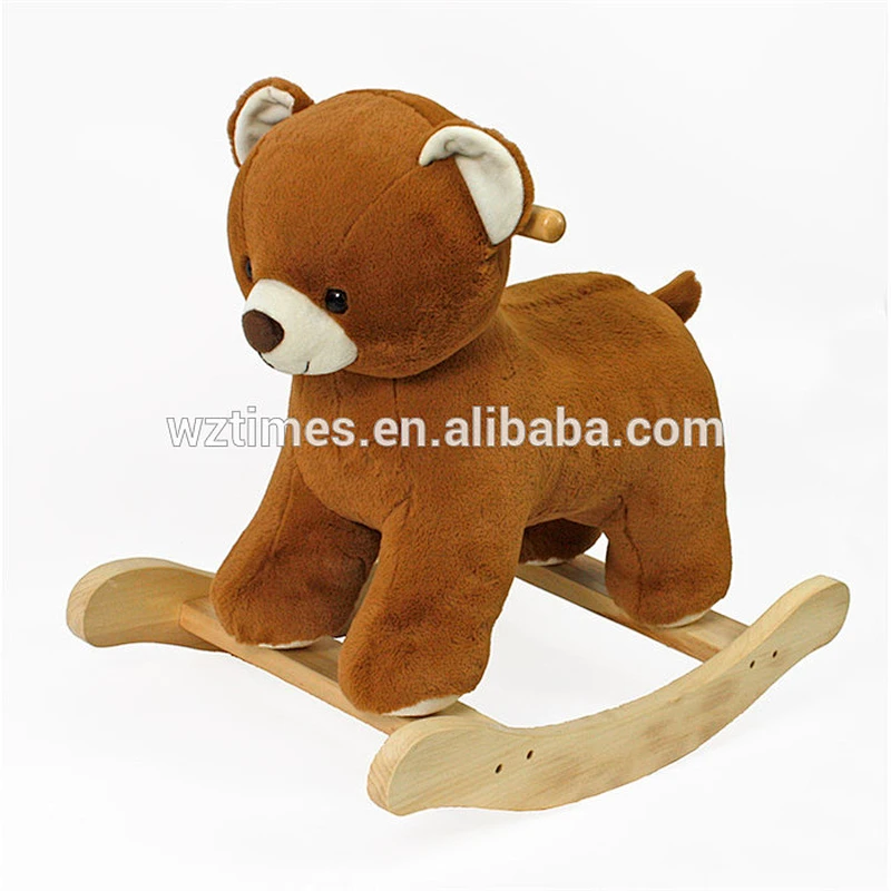 Wholesale cute indoor play toy wooden bear design plush rocking horse for baby W16D111