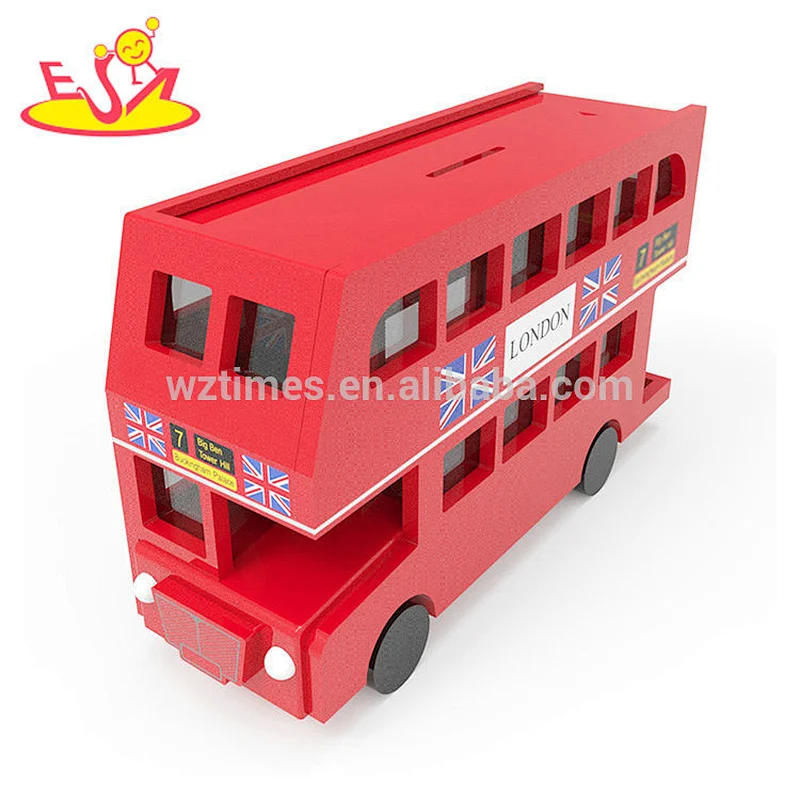 New design red bus wooden kids coin bank for saving money W02A284