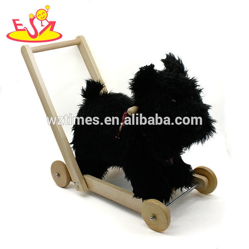 Wholesale most popular black plush baby wooden rocking horse toy with pull cart W16D114