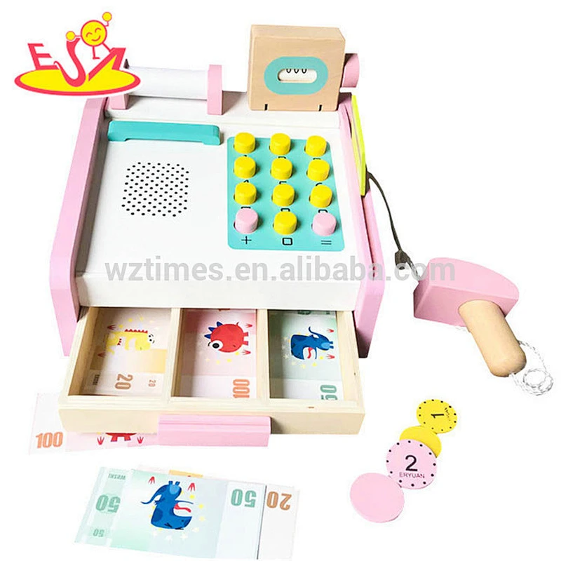 New pink girls pretend wooden cash register toy with money W10A076