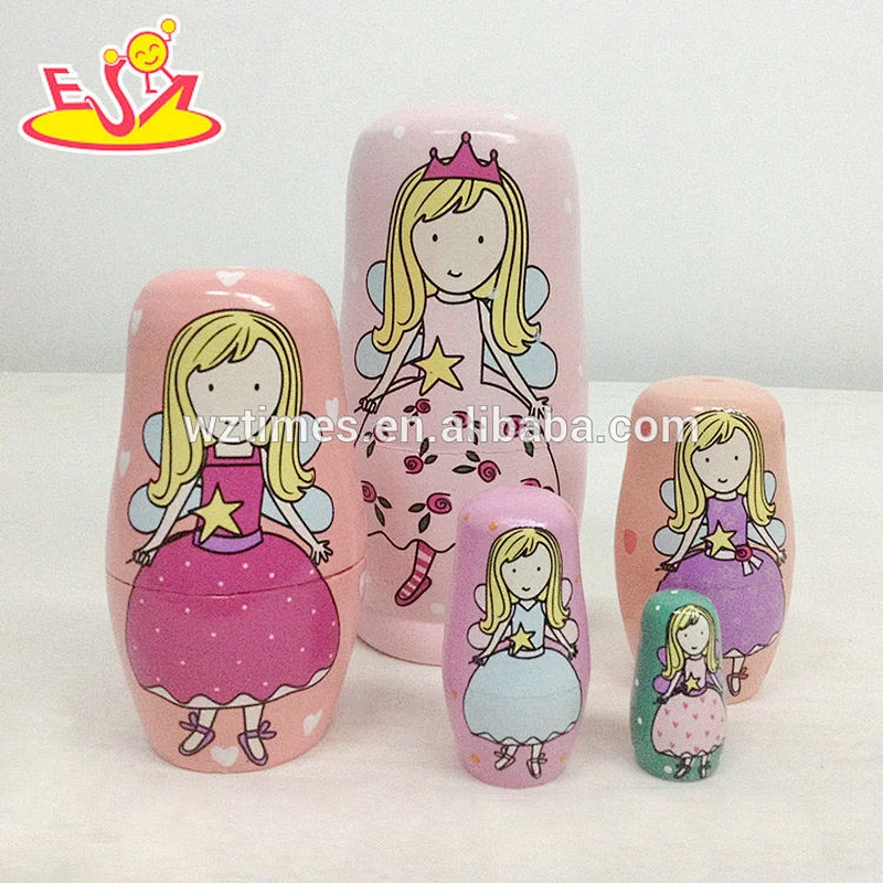 2018 Wholesale pink design nesting doll sets wooden 5 pcs matryoshka doll for kids W06D095