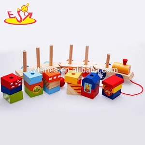 Wholesale high quality wooden diy pull building blocks train toy bring fun for kids W05C039