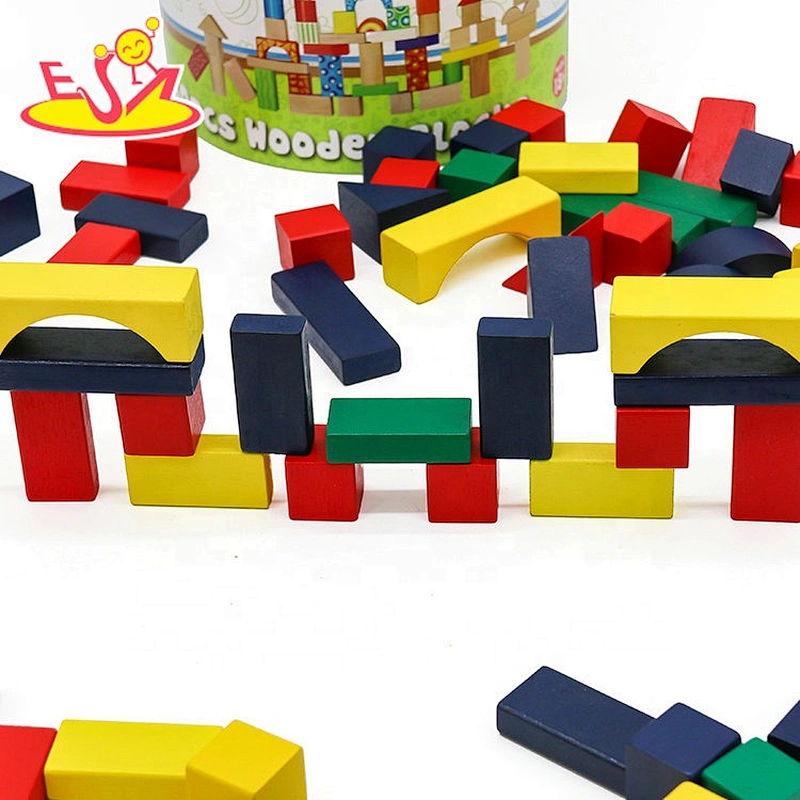 Non-Toxic 50 pcs kids educational wooden building blocks with carrying container W13B041