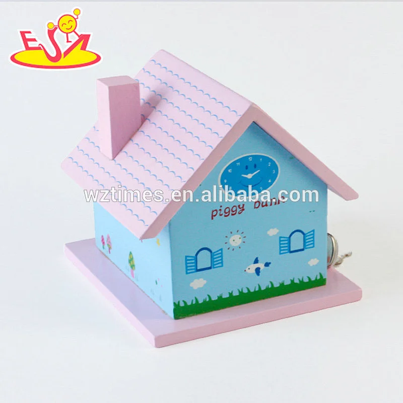 Wholesale top fashion wooden house money box for children storing coins W02A278