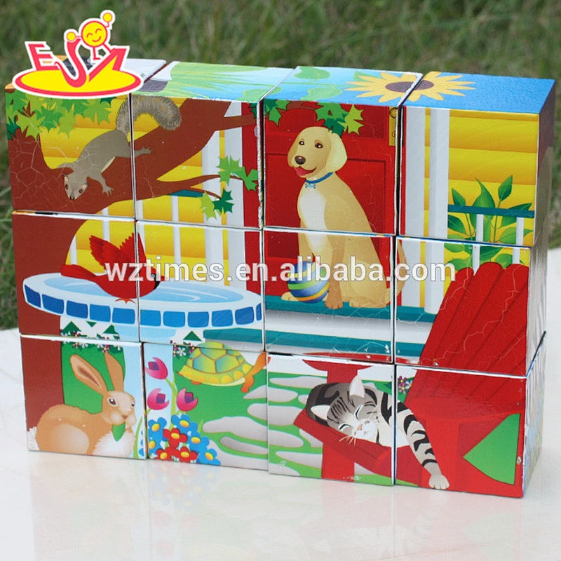 Wholesale interesting wooden cartoon pattern cube jigsaw puzzle toy for kids W14F045