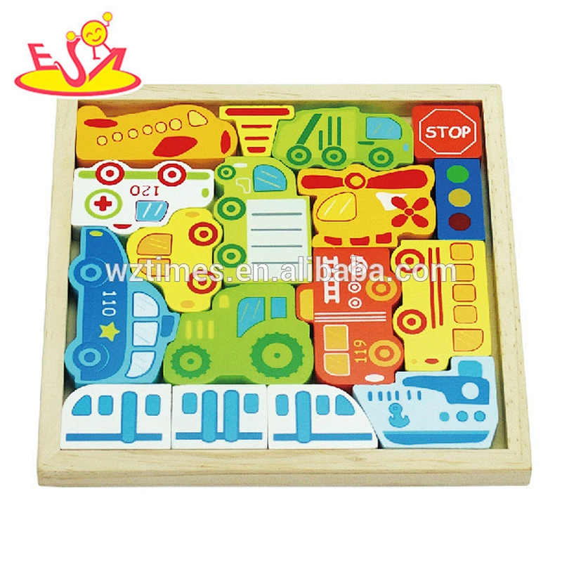 Wholesale best gift for baby wooden multi shape mini car puzzle toy bring fun W14N001