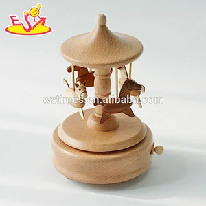 wholesale customized kids natural color wooden carousel music box for sale W07B039
